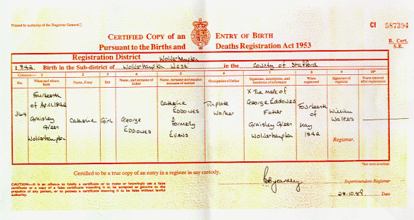 Pie de foto: Certificado de nacimiento, en el área de Grasiley Green de la ciudad comercial medieval de Bilston en Wolverhampton, Condado de Staffordshire.(kateeddowes.wordpress.com).