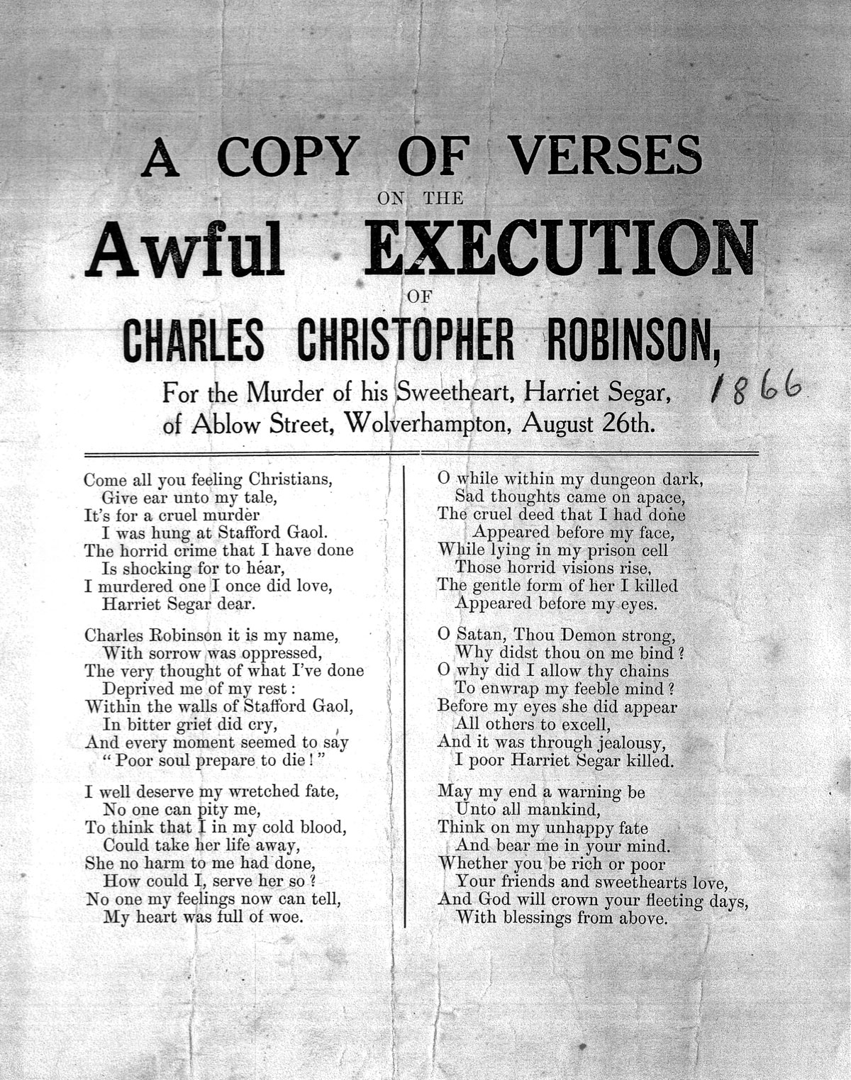 Poema de la pareja sobre la ejecución de Charles Robinson en Stafford Gaol.